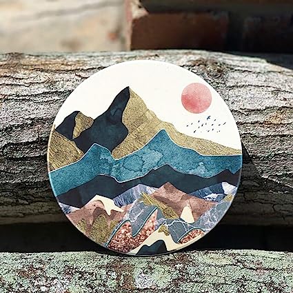 Round Drinks Absorbent Stone Coaster Set With Ceramic Stone and Cork Base (Forest, 4)
