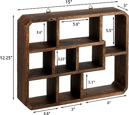 Rustic Shadow Box Display Shelf, 9 Compartments Wood Hanging Display Shelf Floating Shelf, Multi-Slot Wall Mounted or Freestanding Farmhouse Decor Display Case