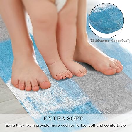 2 Pieces Abstract Anti Fatigue Non Slip Foam Cushioned Blue and Brown Art Painting Comfort Indoor Floor Mat, (17"x48"+17"x24")