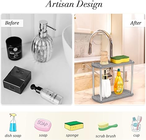 Stone Drying Counter Instant Dry Diatomaceous Earth Sink Caddy Organizer with Stainless Steel Feet (L White)