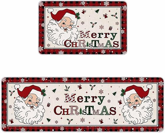 Set 2 Pieces Cute Santa Claus Decor Red Black Buffalo Plaid Non Slip Washable  Kitchen Rugs, 15.7" x 23.6"+15.7" x 47.2"