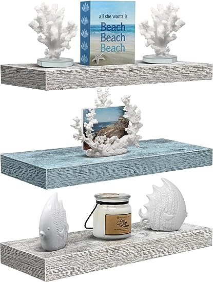 Floating Shelves for Wall - 3 Pack Coastal Beach Wall Decor for Bedroom, Bathroom, Nursery, Living Room, Office, Home & Kitchen