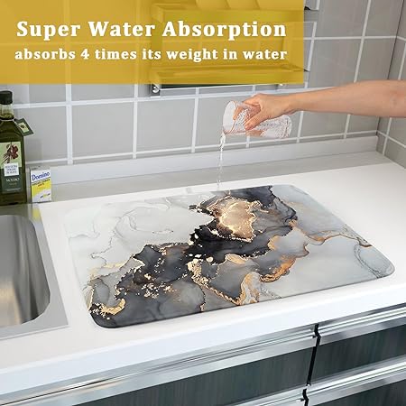 Absorbent Black Marble Dish Drying Mat Luxury Golden Kitchen Counter Mat, 18x24 inch
