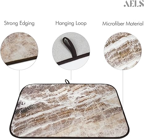 Brown Marble Reversible Absorbent Microfiber Dish Drainer/Rack Pads with Hanging Loop, XL 24" x 18"