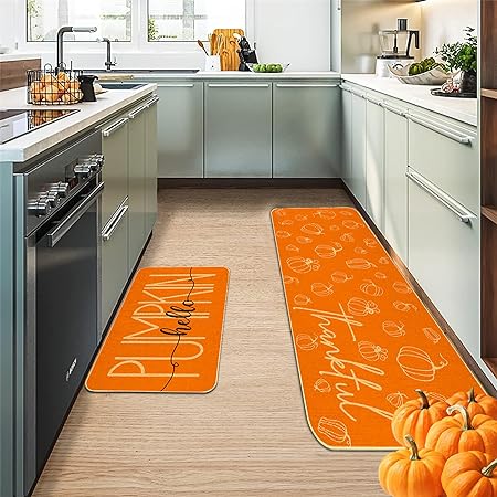 Orange Hello Pumpkin Thankful Fall Kitchen Mats Set of 2- 17x29 and 17x47 Inch