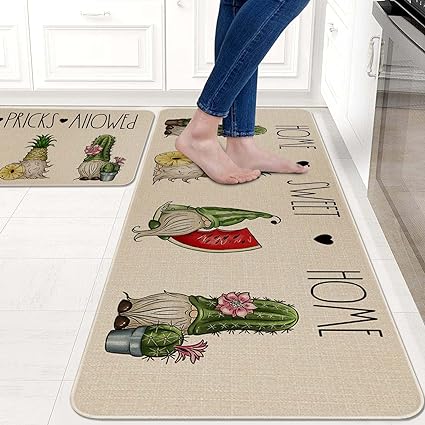 Funny Cactus Kitchen Rugs and Mats Set of 2, Non-Slip Washable Kitchen Sink Mats Holiday Kitchen Decor Doormat+Runner Rug