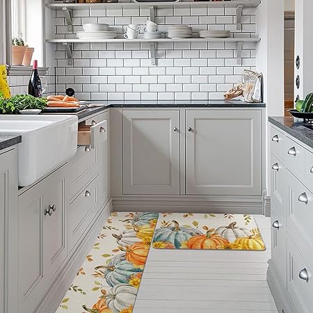 Non SlipTeal Golden-Yellow Pumpkins Fall Maple Leaf Botanical Anti-Fatigue Kitchen Rugs Set of 2,