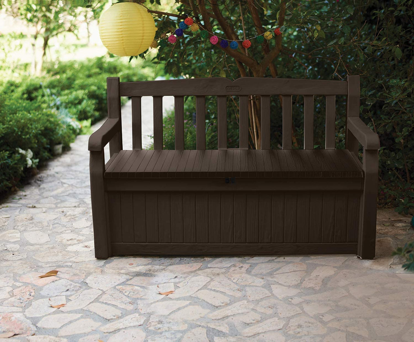 Solana 70 Gallon Storage Bench Deck Box for Patio Furniture, Front Porch Decor and Outdoor Seating – Perfect to Store Garden Tools and Pool Toys, Brown