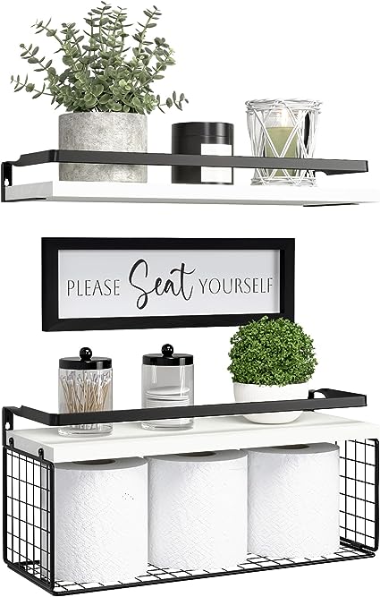 Floating Shelves with Wall Décor Sign, Bathroom Shelves Over Toilet with Wire Storage Basket, Wood Wall Shelves with Protective Metal Guardrail– Black