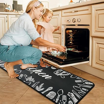 Non Skid Washable Black Kitchen Mat Soft Super Absorbent Anti Fatigue Kitchen Mat Runner Set Doormat Bathroom 17"x47"+17"x30", 2 PCS