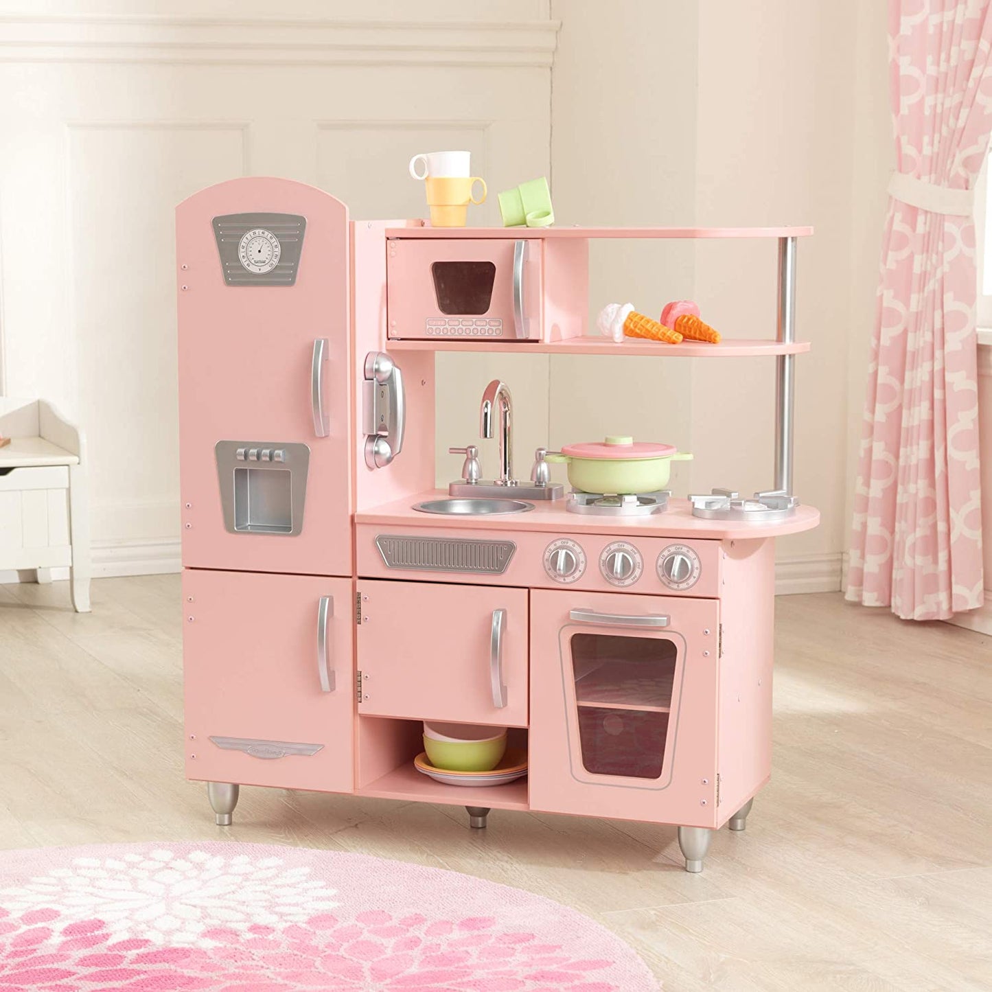 Vintage Wooden Play Kitchen with Pretend Ice Maker and Play Phone, Pink,