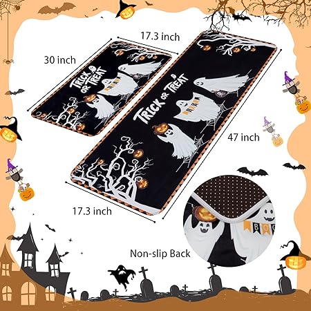 2 PCS Non Slip Halloween Decor Checkered Kitchen Floor Mats, 17x30 and 17x47 Inch