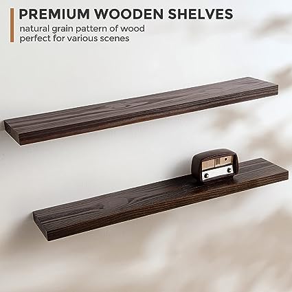 Rustic Solid Wood Wall Shelf Set of 2 - 24"D x 6.7"W x 1.4"H - Dark Walnut Color