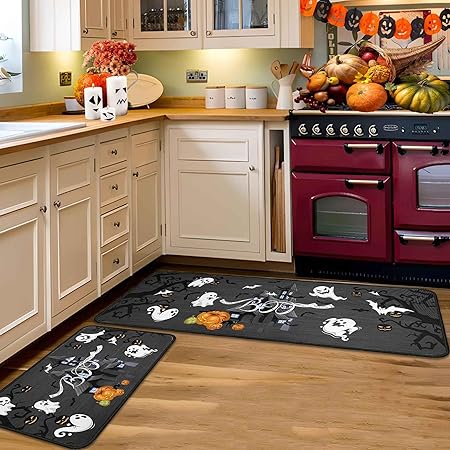 Non Slip Backing Halloween Kitchen Rug Set of 2 (Black, 17"x47"+17"x30")