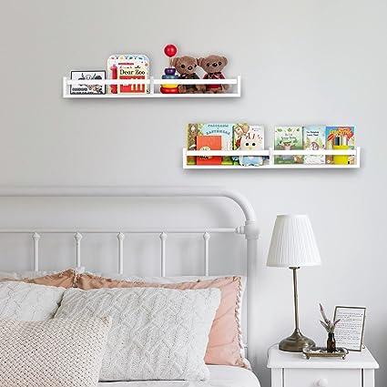 Floating Nursery Book Shelves for Wall Set of 2, Classic White Wall Bookshelf for Kids Room,Book Shelf for Kids Rooms Bedroom Bathroom (16.5 inches Set of 2 White)