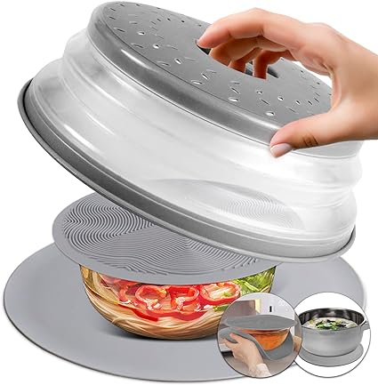 Microwave Mat & Food Cover- 10“ Mat as Bowl Holder, Multi-use: Silicone Trivet, Utensils Rest for Kitchen Counter