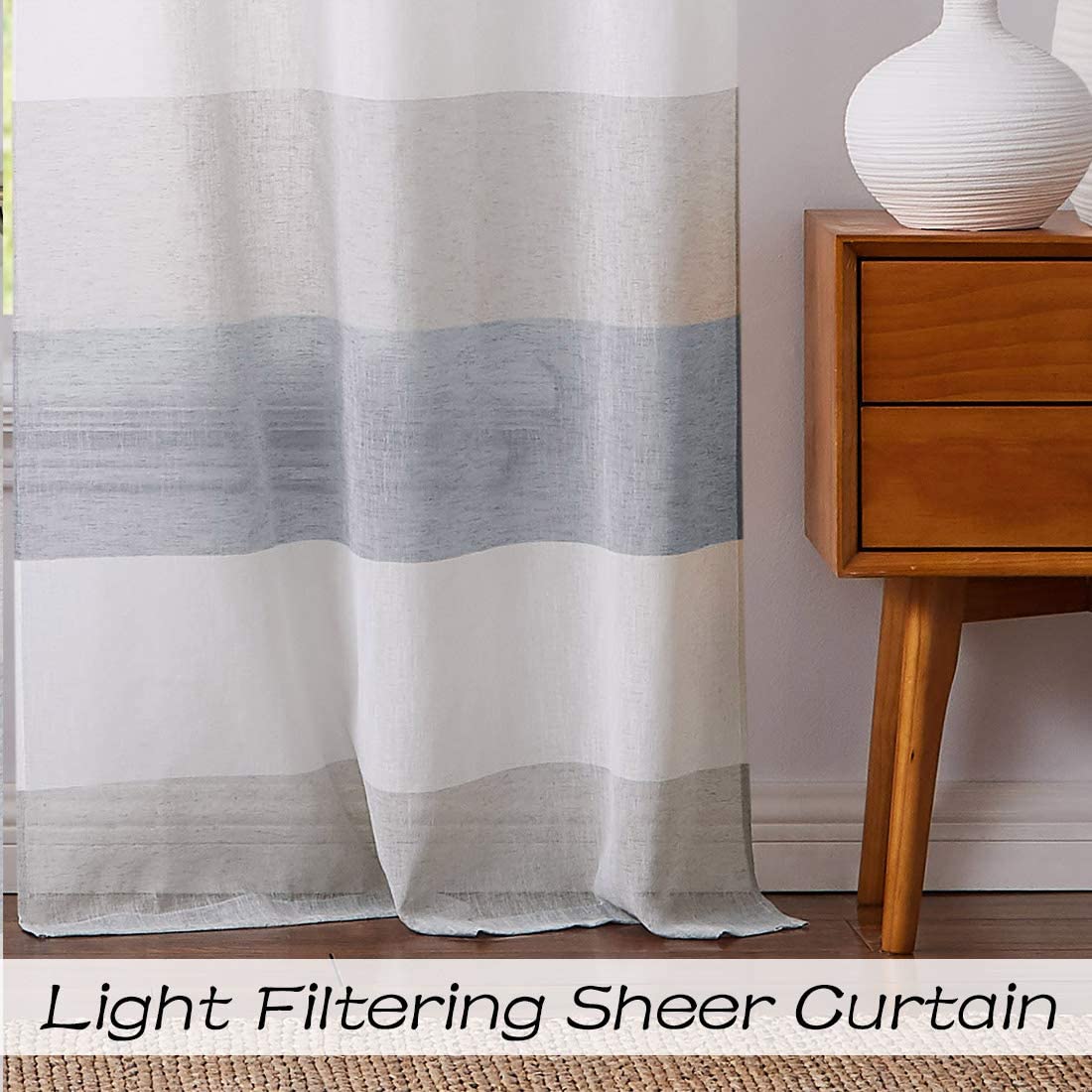 Gray Tan Stripe Sheer Color Block Window Curtain Panel Linen 95 inches Long with Grommets, 2 Panel Rustic Drapes