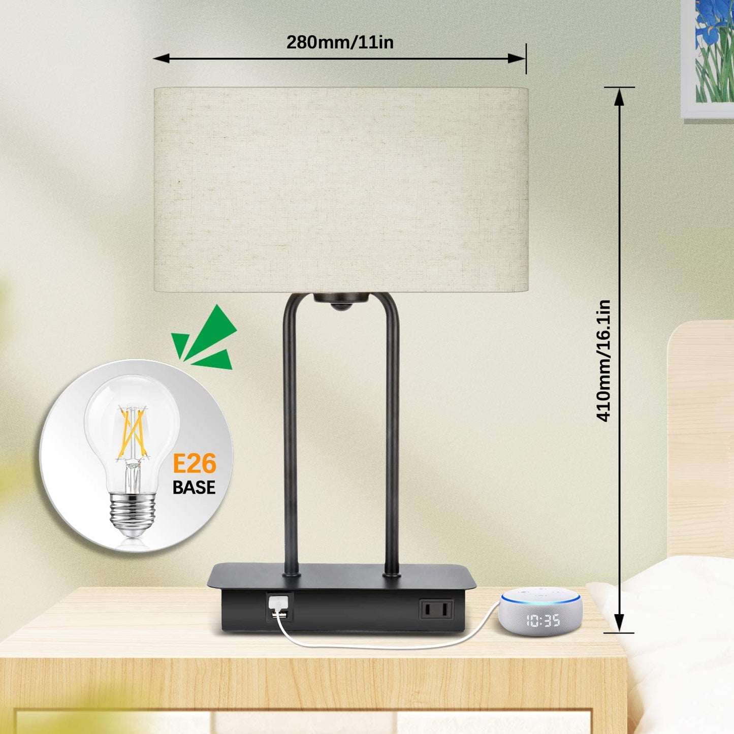 3-Way Dimmable Touch Table Lamp W/ 2 USB Ports and AC Power Outlet Modern Bedside Nightstand Lamp