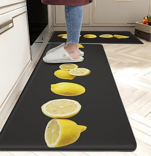 Lemon Yellow 0.4inch Anti Fatigue 3D Print Kitchen Non Slip Comfort Standing  Mats, 17.3x28+17.3x47 Inch