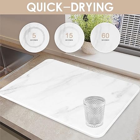 Quick Drying Diatomaceous Earth Ultra Absorbent Dish Stone Dish Drying Mat, (15.7x11.7 Inch, White Marble)