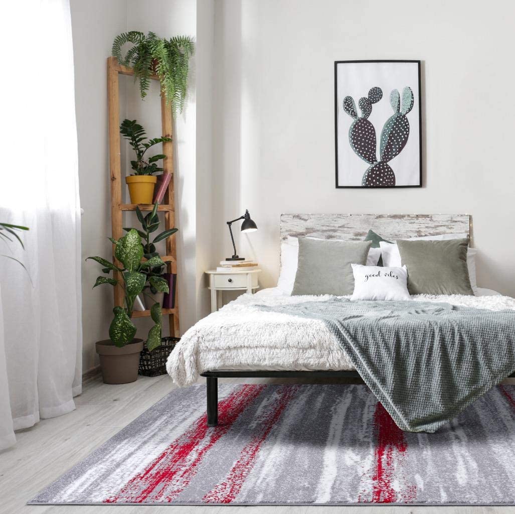 Modern Abstract Soft Ivory Grey Red Area Rug