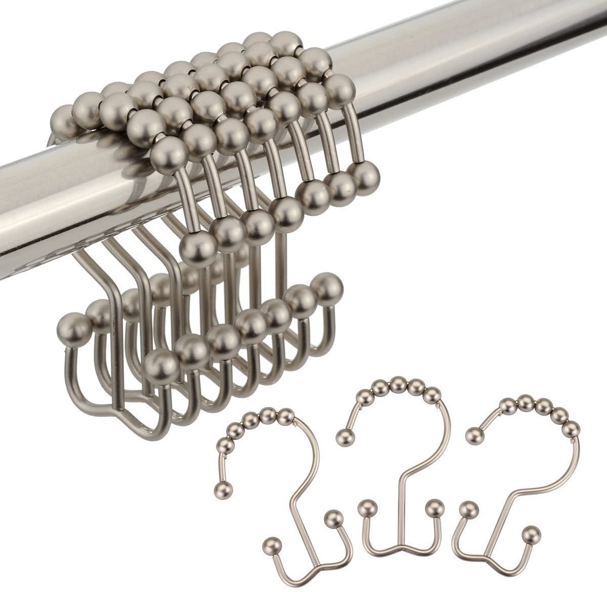 Metal Double Glide Shower Hooks for Bathroom Rods Curtains, Set of 12 Hooks
