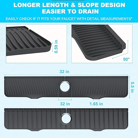 Longer Silicone Faucet Sink Splash Guard, 32"x 5.5", (Black)