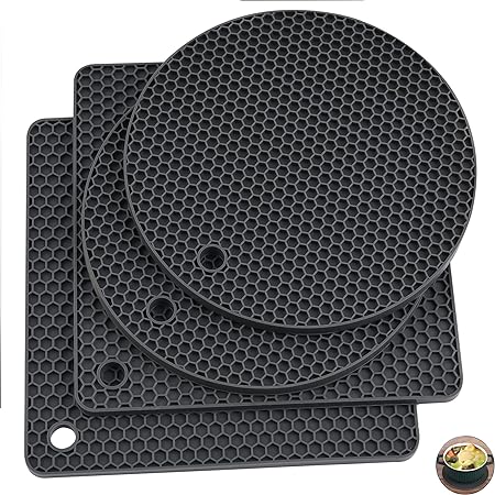 Silicone Trivets for Hot Dishes Heat Resistant Mats-- Non Slip Counter Protector Mat Pack 4 Black