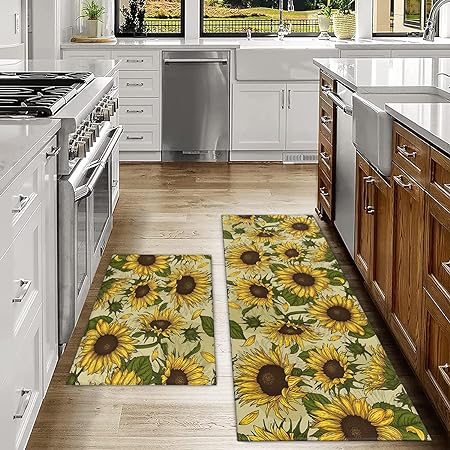 2 Piece Washable Non-Slip Black Boho Kitchen Mats