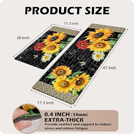 2 Pieces Anti-Fatigue Non-Slip Comfort Standing Kitchen Rugs 17.3x28+17.3x47 Black