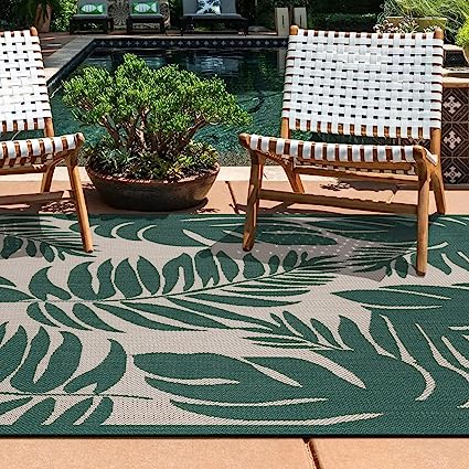 Salvora Floral Leaves Textured Flat Weave Easy Cleaning Outdoor Rugs - 2' x 3' Green