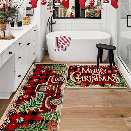Christmas Farmhouse Truck Red Buffalo Plaid Christmas Kitchen Decor, 17"x27+17"x47"