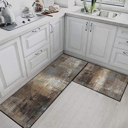 Wooden Board Vintage Kitchen Mats Autumn Maple Leaves Non Skid Washable Set of 2,