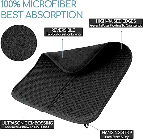 Absorbent Sink Drain Mats with Microfiber,16"x18”,2 Pack Black