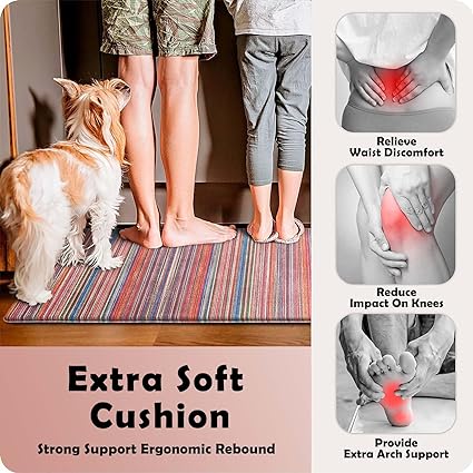 Colorful Stripe Anti Fatigue Non Slip Comfort Cushioned Standing Mat, 17"x47"+17"x30"
