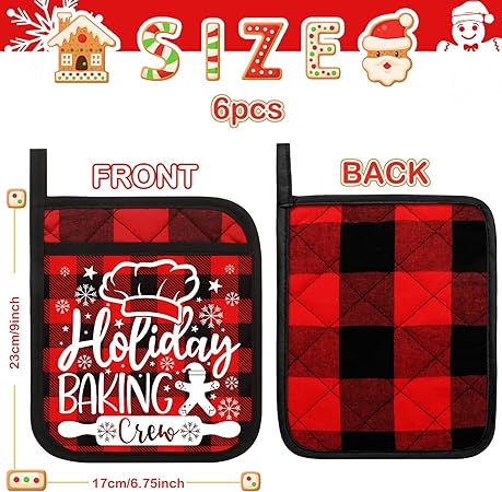 Machine Washable Heat Resistant Christmas Pot Holders with Pocket Xmas Funny Pot Mat, (Black,6 Pieces)