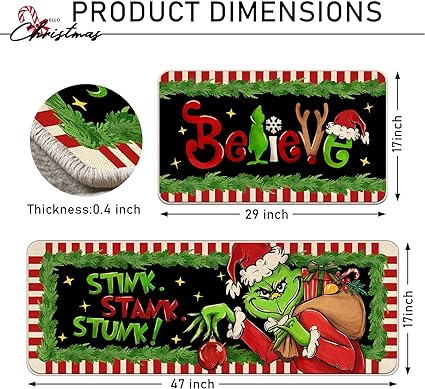 Set of 2, Xmas Gifts Stink Stank Stunk Green Kitchen Mats Decor, Red White Stripes Holiday Door Mat Home Decorations - 17x29 and 17x47 Inch