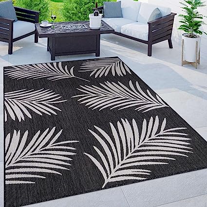 Contemporary Palm Leaves Textured Flat Weave Easy Cleaning Outdoor Rugs