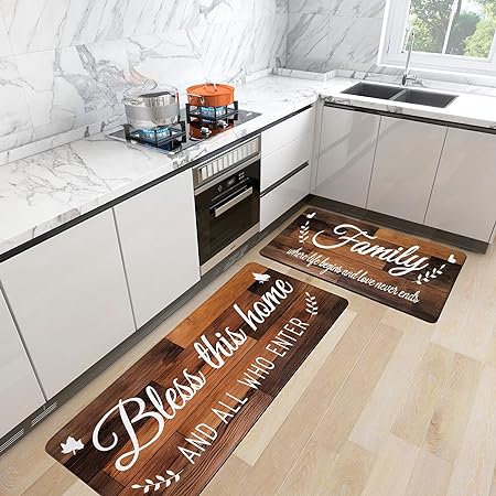 Anti Fatigue Brown Rustic Wood Letter Waterproof Non-Skid Floor Mats Decor 17.3 x 28 +17.3 x 47 Inches Set of 2