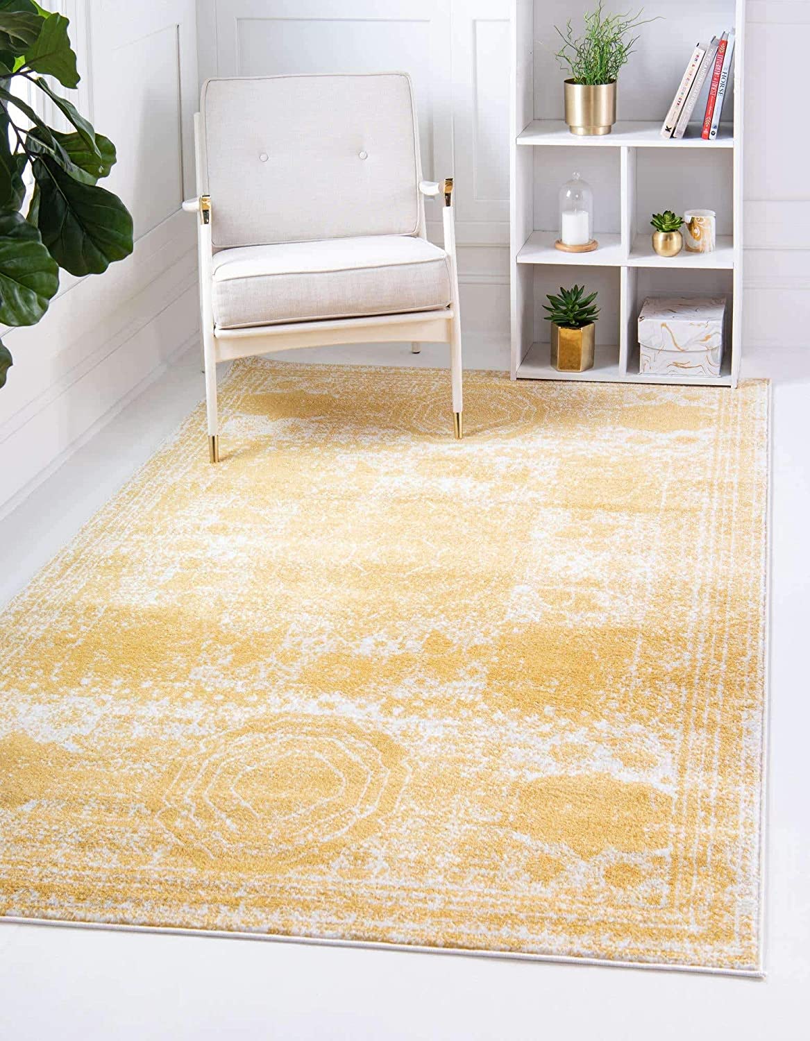 Vintage Traditional Medallion Border Yellow Area Rug