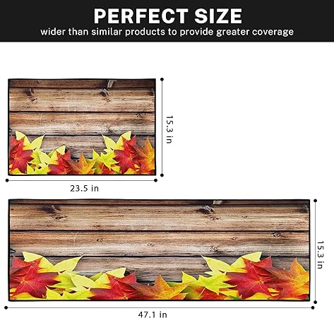 Wooden Board Vintage Kitchen Mats Autumn Maple Leaves Non Skid Washable Set of 2,