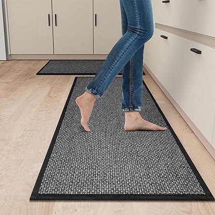 Rubber Backing Cushioned Non Slip Kitchen Rugs , Washable for Kitchen, Office, Home, 17.3"x47"+17.3"x30" (Brown)