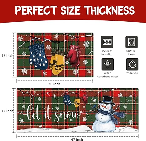 Set of 2, Non Skid Washable Winter Snowman Let It Snow Snowflake Knitted Gloves Xmas Holiday Sink Floor Mat, 17"x47"+17"x30"