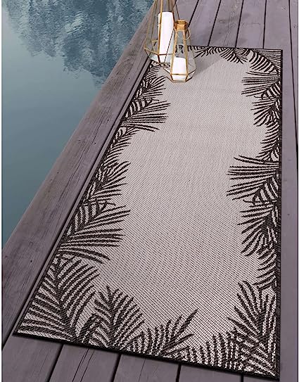 Tropical Floral Palm Leaves Textured Flat Weave Easy Cleaning Outdoor Rugs