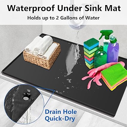 Under Sink Liner, Silicone Mats Shelf Liner for Kitchen Cabinet Tray Bathroom Protectors Black