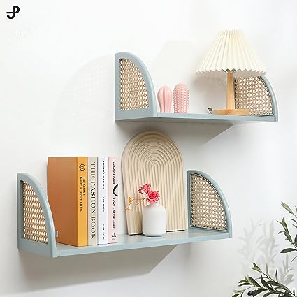 Decorative Wooden Wall Shelf with Rattan, Set of 2 (Green)