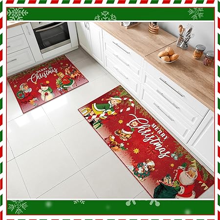 Absorbent Plaid Buffalo Santa Snowman Kitchen Mats, 47 x 17 Inch, 29 x 17 Inch (Vintage)