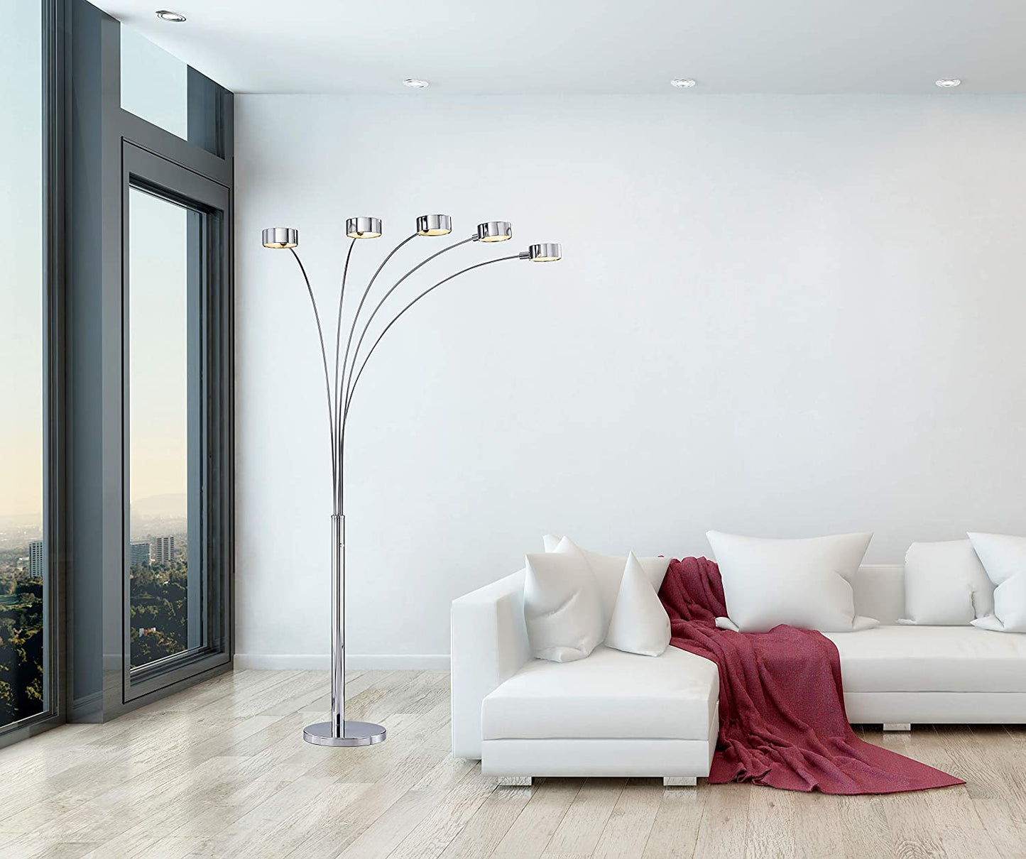 5 Arc Brushed Steel Floor Lamp w/ Dimmer Switch, 360 Degree Rotatable Shades - Dim Options - Stainless Steel