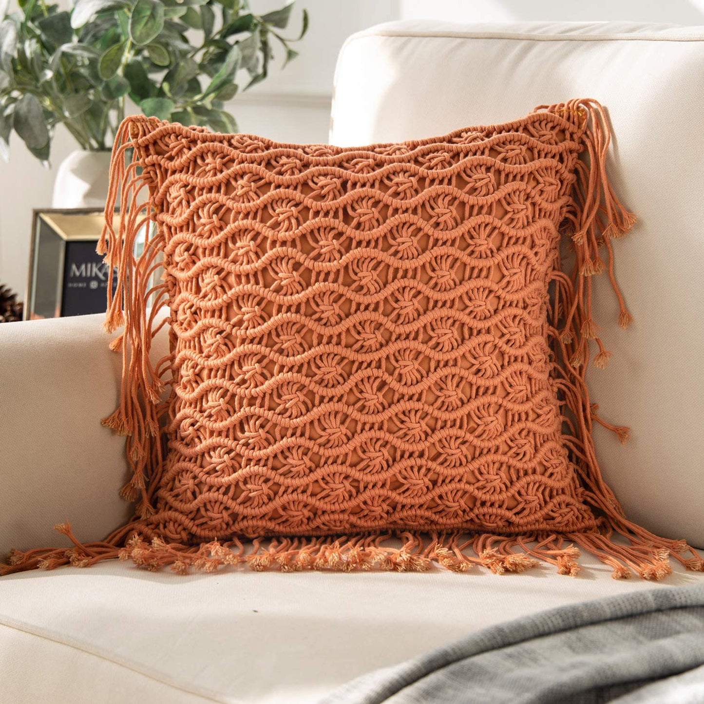 Handmade Crochet Woven Boho Throw Pillow with Tassels Cute Farmhouse Pillow Insert Included