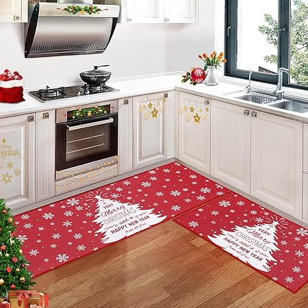 Non-Slip Decorative Xmas Holiday Snowflake and Christmas Deer Kitchen Mat 2 Pieces, 17"x29"+17"x47"